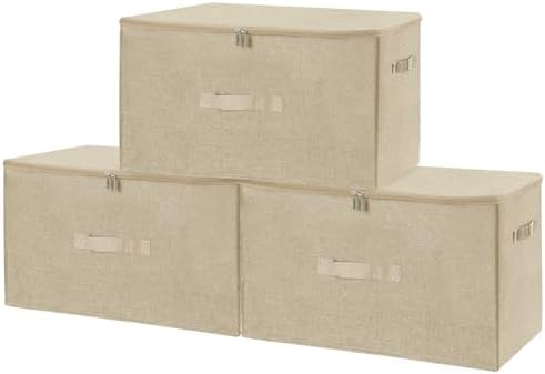 ANMINY Fabric Storage Bins with Zipper Lids, 20"x15"x12", Beige, 3 PCS by ANMINY