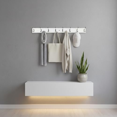 Wooden Wall Mounted Coat Rack – 31 Inch, White with 8 Silver Hooks for Entryway, Hallway, Bedroom - Image 5