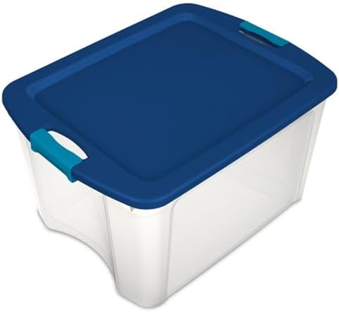 Sterilite 18 Gal Latch and Carry, Stackable Storage Bin with Latching Lid, Plastic Container to Organize Closets, Clear with Blue, 18-Pack by Sterilite