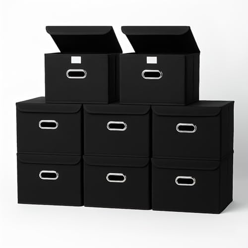 STOREONE Fabric Storage Cube Bins Foldable Organizer Container Collapsible Basket with Lids and Metal Handles, for Home, Bedroom, Closet 8 Pcs (Black) by STOREONE