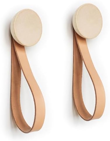 Round Solid Beech Wood Coat Hook + Genuine Leather Strap - Set of 2 (2.3 inch Diameter), for Entryway, Bathroom, Bedroom, Kitchen, and Office by 5mmPaper