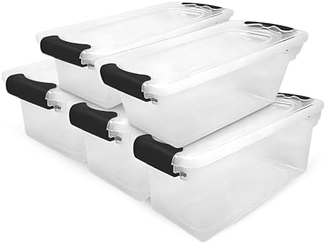 HOMZ Clear Plastic Storage Bins w/Latching Lid, 7.5 Qt, Gray Latch, 5 Pack by Homz