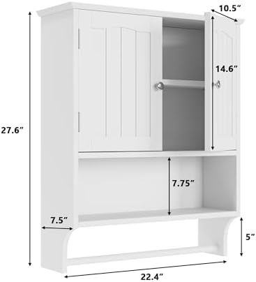Bathroom Cabinet, White Bathroom Wall Cabinet with 2 Doors and Adjustable Shelf, Wall Mount, Towel Rack, Over The Toilet Storage Cabinet, Medicine Cabinet - Image 2