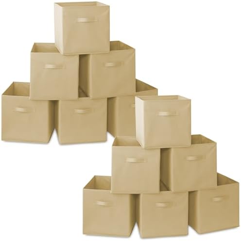 Casafield Set of 12 Collapsible Fabric Cube Storage Bins, Sandy Beige - 13" Foldable Cloth Baskets for Shelves, Cubby Organizers & More by Casafield