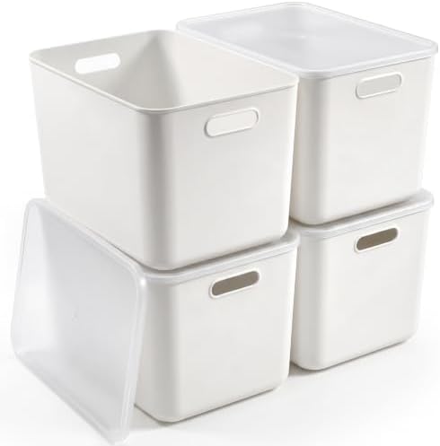 Citylife 24QT Plastic Storage Bins with Lids White Box with Handles, 4-Pack by CITYLIFEHomeOrganization