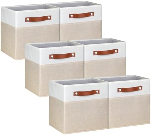 11 Inch Cube Storage Bin - 6 Pack - Linen Fabric 11x11 Cube Storage Bins for Bedroom, Living Room, Clothes and Toys; Foldable, Dual Leather Handles by Pomatree