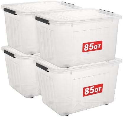 Cetomo Plastic Storage Bins, Lidded Storage Box with Wheels for Home Office Dorm, Wheeled, Stackable, Clear, 85Quart-4 Pack by Cetomo