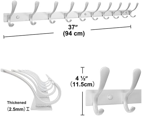 SKOLOO Coat Rack Wall Mounted - 10 Hooks, Heavy Duty, Stainless Steel, Metal Wall Hanger, Sturdy Coat Hooks for Hanging Coats, Jacket, Clothes, Hat, Cold Light Silver - Image 5