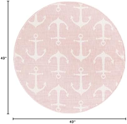 Unique Loom Outdoor Coastal Collection Area Rug - Ahoy (4' 1" Round, Pink/ Ivory) - Image 2