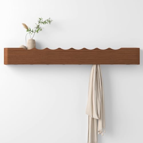 Coat Rack Wall Mount with Hidden Hooks, Wall Hooks with Shelf, Wall Key Holder Mount Wooden Shelf Entryway Hooks for Bedroom Bathroom for Hanging Coats Hats Bags Towels (Walnut Wave-Shape, 8 Hooks) by Nevsokio