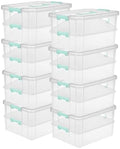 Sterilite 8-Pack Stack & Carry, 2 Layer Handle Box for Home & Office Storage - Clear Base & Lid with Color Latches, Organizer for Art & Craft Supplies, Sewing Tools or 8.5" x 11" Paper by Sterilite
