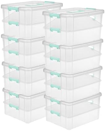 Sterilite 8-Pack Stack & Carry, 2 Layer Handle Box for Home & Office Storage - Clear Base & Lid with Color Latches, Organizer for Art & Craft Supplies, Sewing Tools or 8.5" x 11" Paper by Sterilite