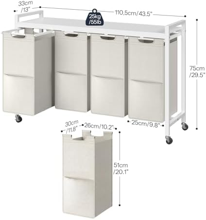 HOOBRO Laundry Sorter 4 Sections, Laundry Hamper with Wheels, 4 × 10.5 Gal (40 L), Rolling Laundry Basket, Pull-Out and Removable Oxford Fabric Bags, White WG04XY01 - Image 3