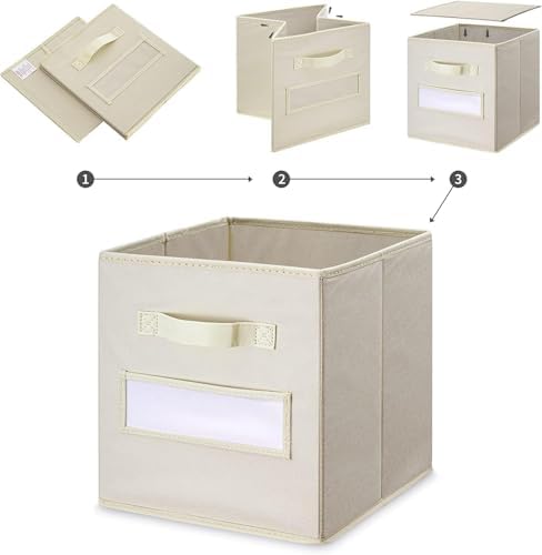 13x13x13 storage cube bins (Set of 10) Fabric storage cubes with 10 Labels Window Cards & a Pen, storage cubes 13x13, Collapsible 13 inch cube storage bins, Cubby Organizer Boxes, Beige - Image 4