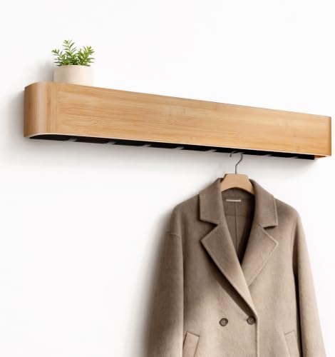 33" Bamboo Coat Rack Wall Mount, 8 Hidden Hooks, Family, Natural by bamzcbrz