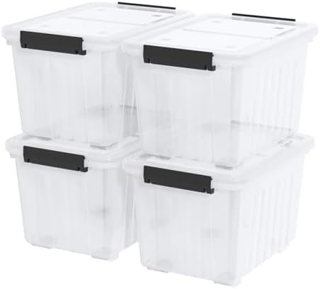 4 Packs 30 L Plastic Latch Storage Box, Clear Bin with Lid and Wheels by Nesmilers
