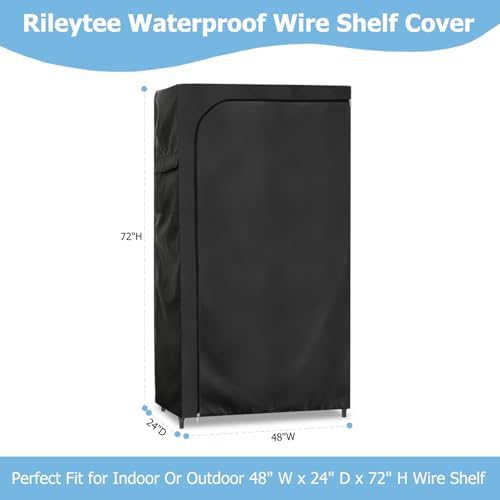 Rileytee Wire Shelf Cover,Heavy Duty 600D Dustproof Waterproof Shelf Covers for Wire Shelving,Outdoor Storage Rack Cover for Wire Rack with Zipper,Black,48"W x 24"D x 72"H - Image 2