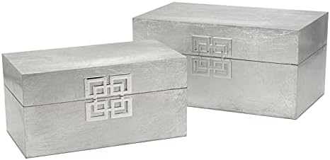 Galt International Storage Box Set Decorative Storage Box w/Hinged Lid Classic Design Wood Decor Boxes with Geometric Clasp Storage for Bedroom & Home - Set of 2 (Silver) - Image 4