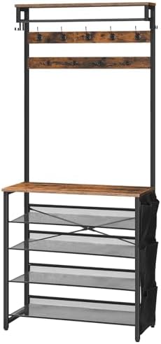 HOOBRO Hall Tree with Bench, Entryway Coat Rack with Shoe Rack, Shoe and Coat Rack, 5 Tier Shoe Storage Organizer with Oxford Fabric Side Pockets, Adjustable Mesh Shelves, Rustic Brown BF75MT01 by HOOBRO