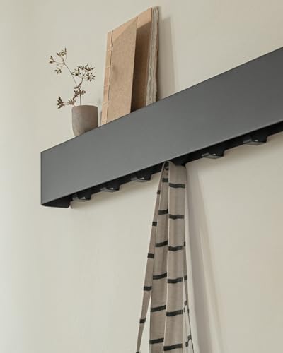 Kazai. Coat Rack Wall Mount with Shelf 'Tone' | Modern Design Coat Hanger with Hidden Hooks and Storage | Hat Rack with Shelf in Metal | Wall-Mounted Purse Organizer | Black - Image 3