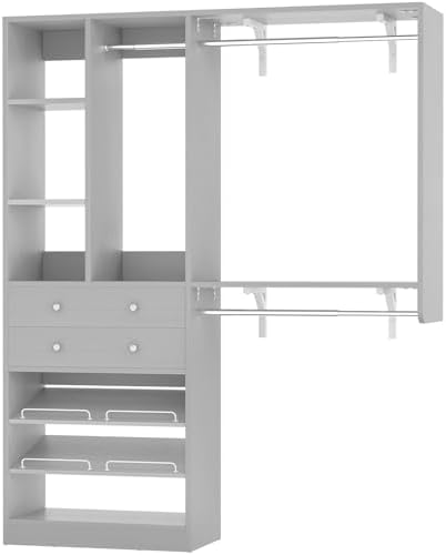 Closet System with 2 Drawers - Reversible 5FT Wood Closet Organizer System with 3 Hanging Rods and Adjustable Shelf Shoe Rack, Morandi Grey by Besiost