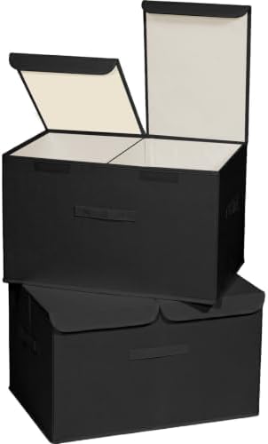 2 Pack Storage Boxes with Lids and Handles, Collapsible Linen Storage Bins Organizer Containers Baskets Cube with Removable Divider for Home Bedroom Closet Office (Black, XL) by Unknown
