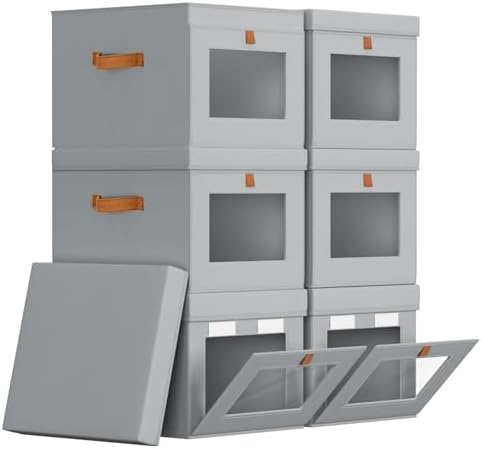 Homsorout Storage Bins with Lid – Closet Organizer with Side Opening and Clear Window, Foldable Stackable Fabric Basket for Clothes, Home, Office - 13.77" x 11.8" x 9.8", 6 Pack, Grey by Homsorout