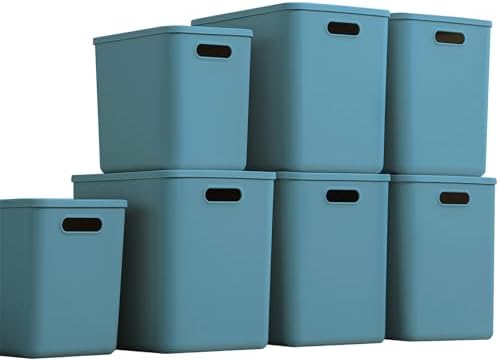 Plastic Storage Bins with lids,Storage Baskets,Container with handle,Storage Organizer Bins for Shelves,Office,Bedrooms,Closets, Cabinets (Blue, 5XL+2L) by GUMEIGODA