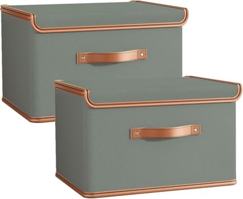 Tuza 2 Pack Storage Bins with Lids, Collapsible Closet Organizer Container, Fabric Organizer Box with Handles, Decorative Storage Boxes with Lids for Organizing Clothes, Blanket, Grey, Extra Large by LOVEWHEREYOULIVE