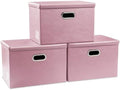 PRANDOM Large Stackable Storage Bins with Lids [3-Pack] Leather Fabric Foldable Storage Boxes Organizer Containers Baskets Cube with Cover for Bedroom Closet Office Nursery Pink (17.7x11.8x11.8) by Prandom