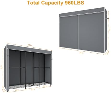 ULIFHOME E14C Pro Heavy Duty Closet Organizer System，Freestanding Clothing Racks for Hanging Clothes，Adjustable Garment Rack 69" W × 16" D × 77" H Hold 960 lbs，Black Rack with Grey Dustproof Cover - Image 2