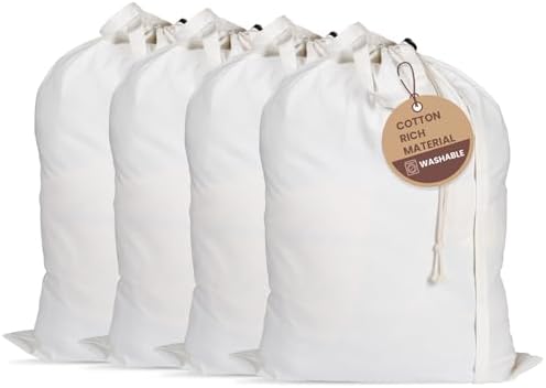 LFH Home Cotton Rich Large Laundry Bag with Handle, Heavy Duty Drawstring Closure Washable Laundry Bags, School Travel, Home, Hotel, College Dorm, Organizer Sack, Toy Clothes 28x36 (Pack of 4)-White by LFHHomePrivateLimited