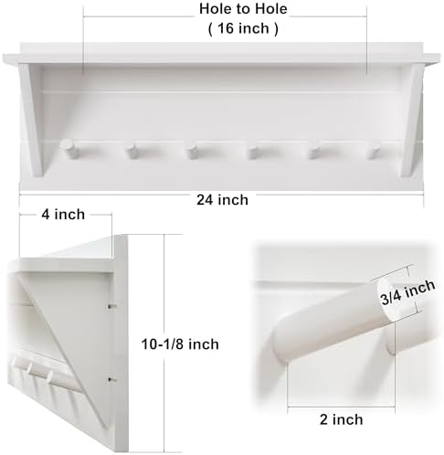 WEBI Coat Rack Wall Mount with Shelf,24" Long Entryway Wall Shelf with Hooks Underneath,6 Peg Hooks for Hanging Coats,Caps,Jacket,Clothes,White - Image 3