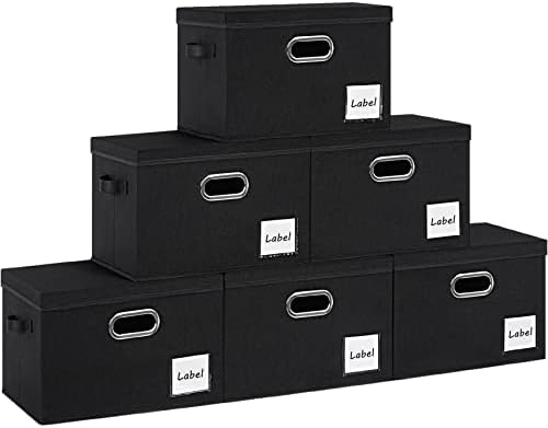LHZK Extra Large Storage Bins with Lids 6 Pack, Foldable Linen Fabric Storage Boxes with Lids, Sturdy Fabric Storage Bins with Label & 3 Handles for Shelves Bedroom Home Office (Black, Extra Large) by LHZK