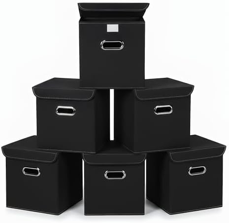 Closet Organizers Fabric Storage Bins With Lids Collapsible Cube Storage Organizer Basket With Handles,Storage Boxes for Clothes Storage,Office,Laundry,Shelves,6 Pack,（Black by SEVENDOME