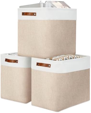 DULLEMELO Large Storage Baskets for Organizing, Canvas Storage Bins Big Baskets With Handles for Shelf Clothes Empty Gift Basket (White&Khaki) by DULLEMELO
