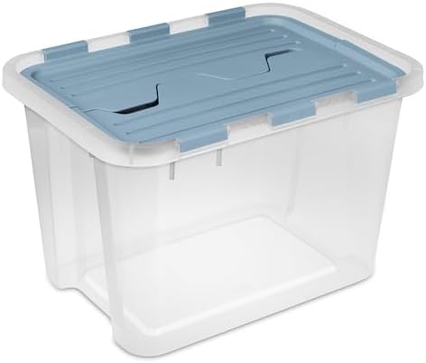 Sterilite 24 Pack Hinged Lid Storage Box, 30 Qt Plastic Container, Washed Blue - Home Organizer Tote for Storing Shoes, Crafts, Clothing, or Decor by Sterilite