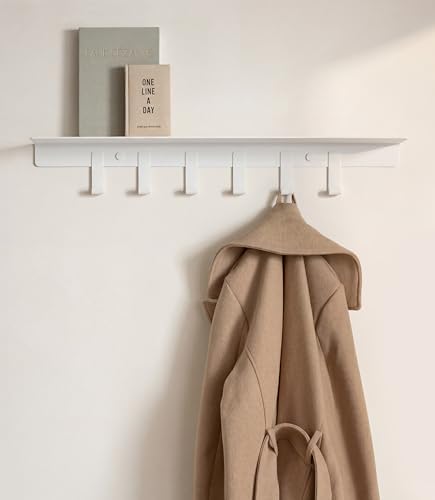 Kazai. Coat Rack Wall Mount with Shelf 'Holmsen' | Coat Rack with Shelf for Storage and Display | Wall Hooks for Hanging Clothes and Purses | Modern Entryway Hangers in Metal | White by KAZAI