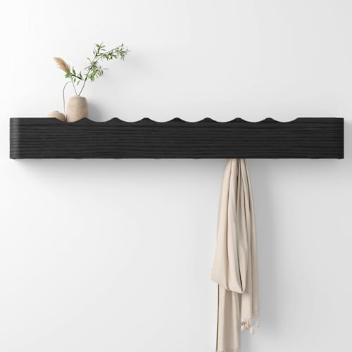 Coat Rack Wall Mount with Hidden Hooks, Wall Hooks with Shelf, Wall Key Holder Mount Wooden Shelf Entryway Hooks for Bedroom Bathroom for Hanging Coats Hats Bags Towels (Black Wave-Shape, 8 Hooks) by Nevsokio