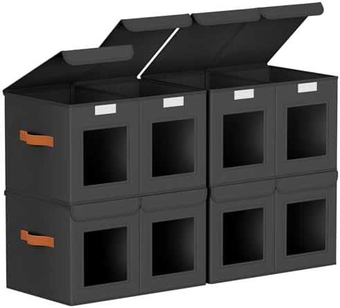 Homsorout Large Closet Storage Bins - Collapsible Divided Clothes Organizer with Lids & Dual Window, Fabric Organizing Bins for Clothes, Sweater, Bedroom, Office (Black, 4 Pack) by Homsorout