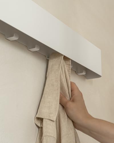 Kazai. Coat Rack Wall Mount with Shelf 'Tone' | Modern Design Coat Hanger with Hidden Hooks and Storage | Hat Rack with Shelf in Metal | Wall-Mounted Purse Organizer | White - Image 5