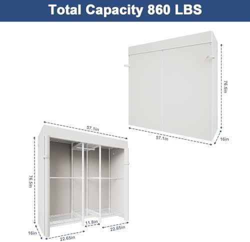 Ulif E12C Heavy Duty Closet Organizer System，Freestanding Clothing Rack, Adjustable Garment Rack 57.1" W x 16" D x 76.5" H Holds 860 lbs, White Clothing Rack with White Dustproof Cover - Image 2