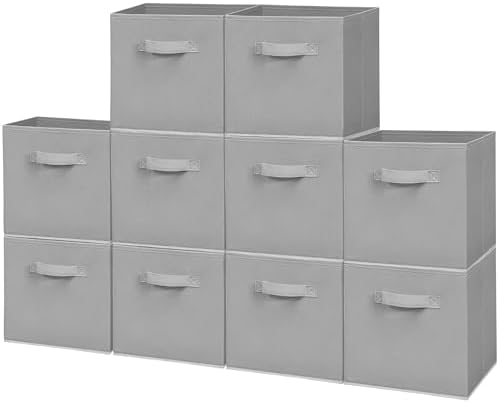 Easi Storage Cubes, 11 Inch Fabric Storage Bins, Set of 10, Foldable Collapsible Cube Organizer with Handles, Closet Shelves Office Nursery Storage, Cubby Storage Bins for Toys Clothes Books, Gray by Unknown