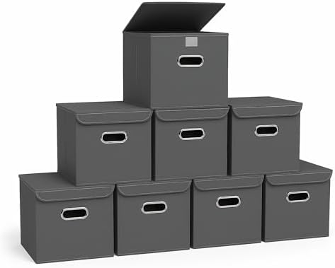Closet Organizers Fabric Storage Bins With Lids Collapsible Cube Storage Organizer Basket With Handles,Storage Boxes for Clothes Storage,Office,Laundry,Shelves,8 Pack,（Grey） by SEVENDOME