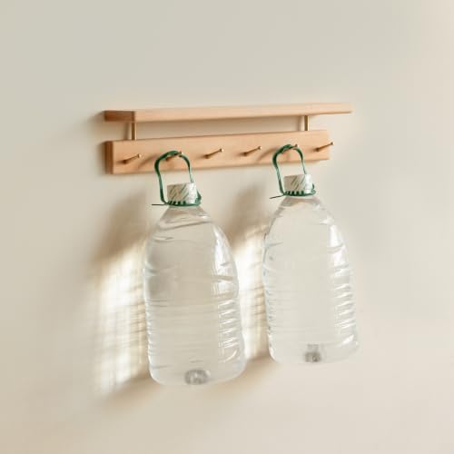 Solid Wood Wall Hooks with Shelf, Coat Rack Wall Mount, Entryway Hanging Shelf with 6 Brass Hooks for Hats, Clothes, Towels, Bags, Beech Wood, Natural - Image 3