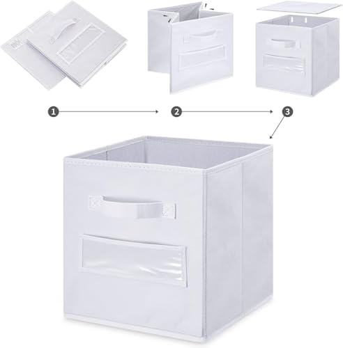 13x13x13 storage cube bins (Set of 10) Fabric storage cubes with 10 Labels Window Cards & a Pen, storage cubes 13x13, Collapsible 13 inch cube storage bins, Cubby Organizer Boxes, White - Image 4