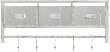 Merrick Lane Enid Wall Mount Storage Rack - Whitewashed Pine Wood - 24" Wide - Upper Shelf - 5 Hooks - Wire Baskets - For Entryway, Kitchen, Bathroom - Image 7