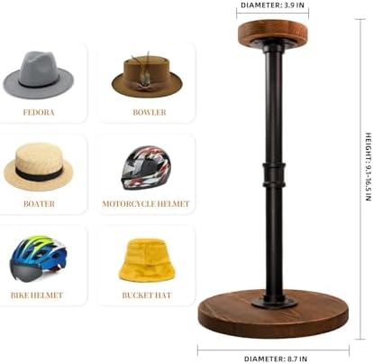 exquis Adjustable Helmet & Hat Display Stand – Rustic Wood Base with Matte Black Metal Rod, Height Adjustable 12"–17.5", Set of 2 - Image 2