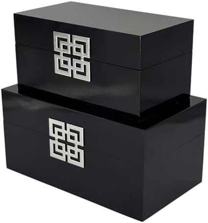 Galt International Storage Box Set Decorative Storage Box w/Hinged Lid Classic Design Wood Decor Boxes with Geometric Clasp Storage for Bedroom & Home - Set of 2 (Black & Silver) - Image 2