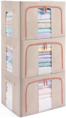 GuliPostan 3 Pack 100L Stackable Clothes Storage Bins with Metal Frame Handles & Zipper, Collapsible Closet Organizer Box with Lid for Bedding Blankets Towel (Beige) by Unknown